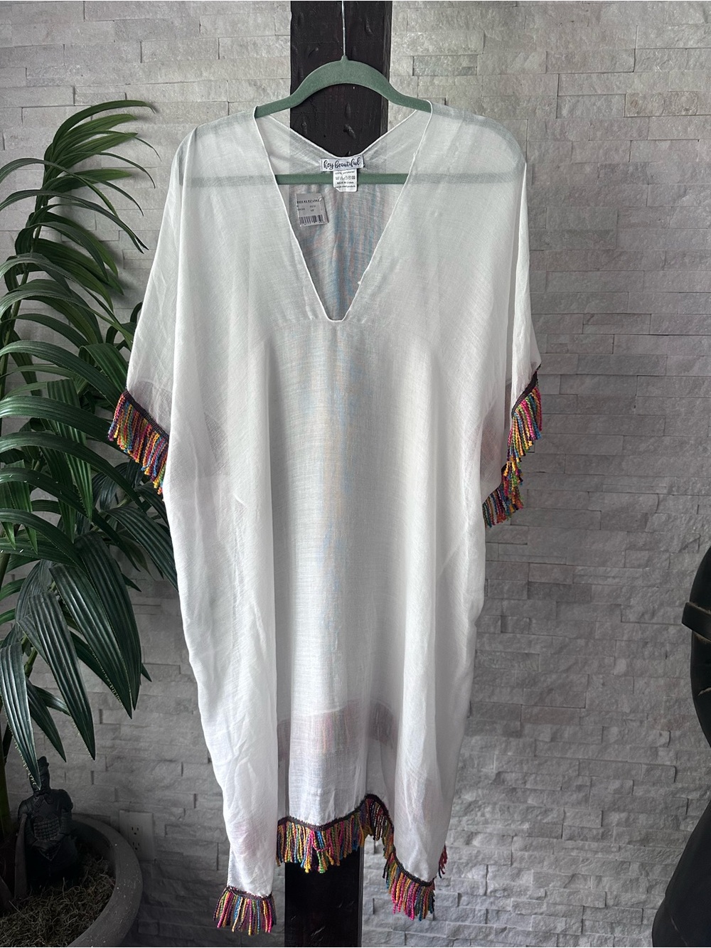 Hey Beautiful White Sheer Cover-Up Poncho with Multicolor Fringe New with Tags